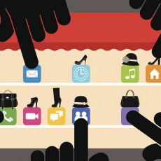 Fingers touching shopping apps on digital tablet